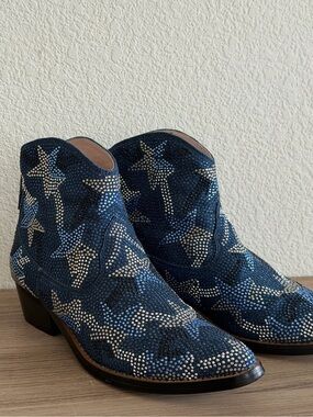 Lola Cruz Blue Star Crystal Embellished Western Ankle Boots Statement Booties 38